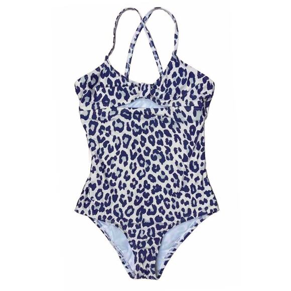 Splendid Girls sz 12 One Piece Swimsuit Navy Blue Leopard Beige Cream 52537 - Picture 3 of 14